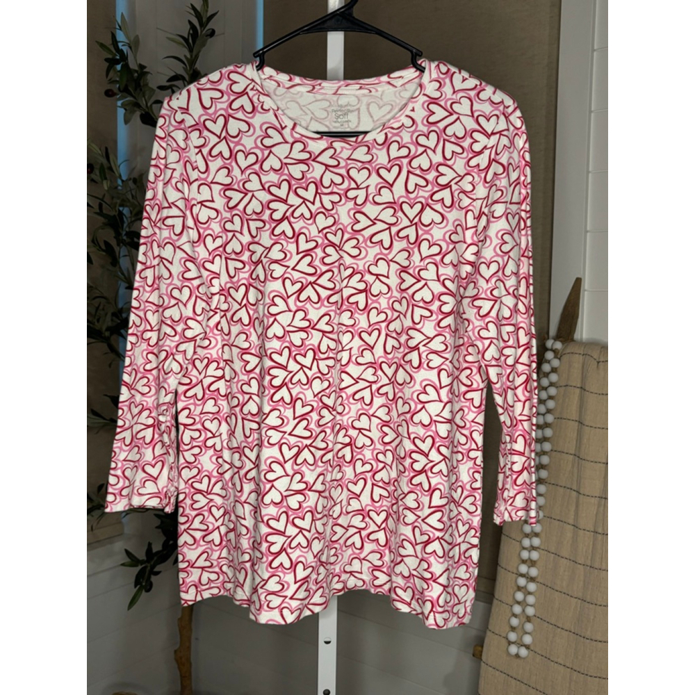Women's Kim Rogers Perfectly Soft White Pink Heart Long Sleeve Tee M